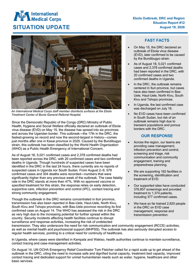 Épidémie d'Ebola en RDC : Publication du 12e rapport de situation