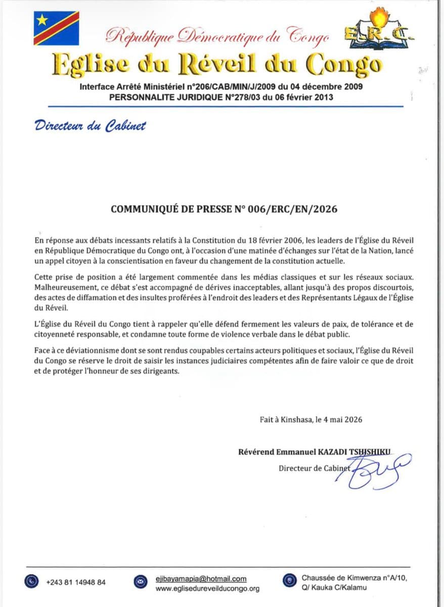 L'Église du Réveil du Congo se prononce en faveur d'une réforme constitutionnelle article de nouvelles politics – Dernier ...