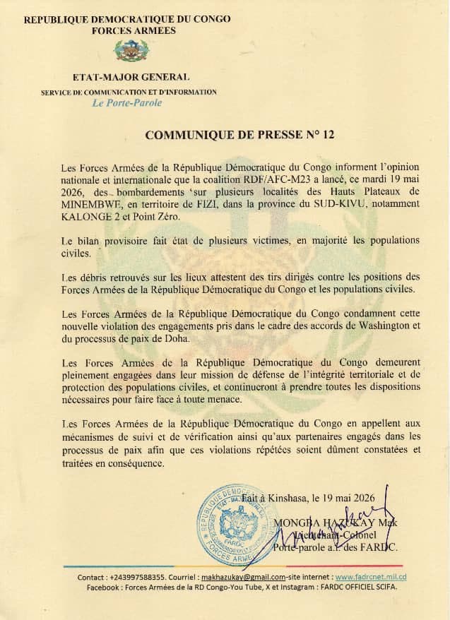 Les FARDC dénoncent des bombardements de la coalition RDF/M23 sur les Hauts Plateaux et Minembwe article de nouvelles poli...