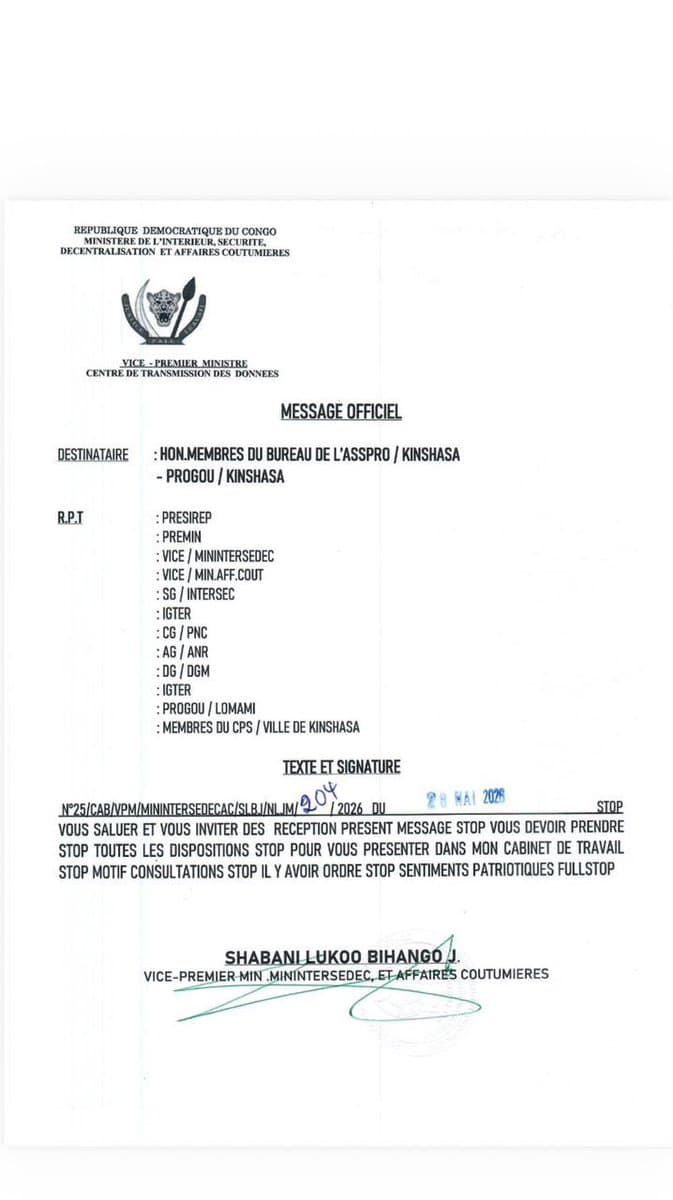 Le VPM de l'Intérieur convoque le bureau de l'Assemblée provinciale de Kinshasa et le gouverneur Bumba article de nouvelle...