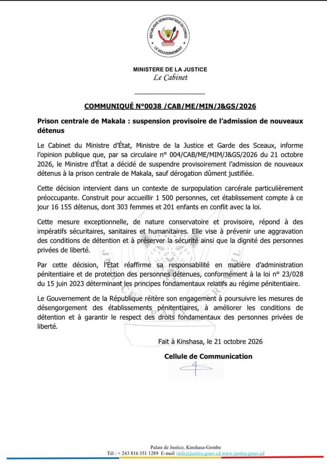 Prison de Makala : suspension provisoire des admissions face à la surpopulation