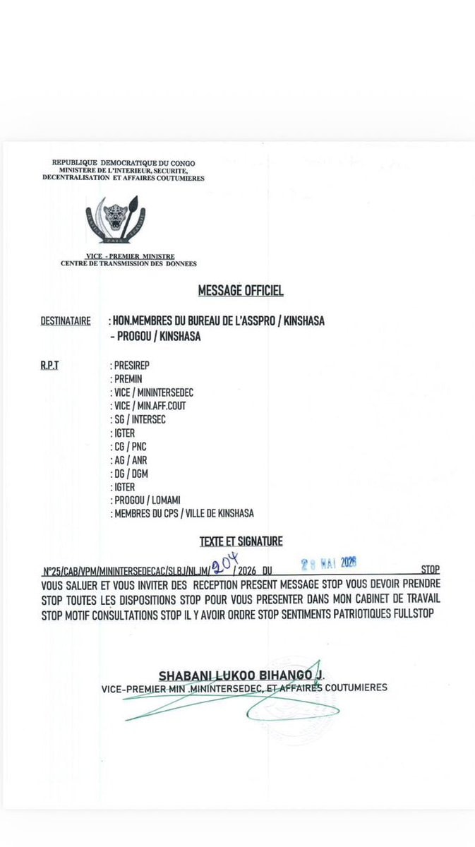 Le VPM de l'Intérieur convoque le bureau de l'Assemblée provinciale de Kinshasa et le gouverneur Bumba article de nouvelle...