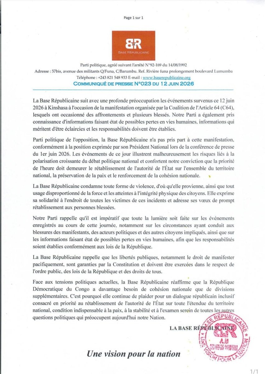 La Base républicaine condamne les violences lors du sit-in de la C64 et exige une enquête article de nouvelles politics – ...
