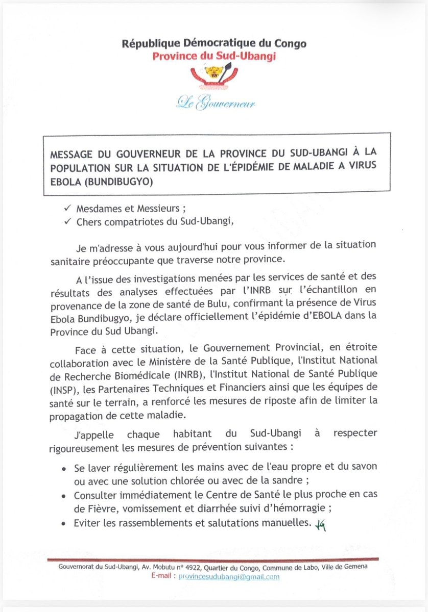 Premier cas d'Ebola confirmé dans la province du Sud-Ubangi article de nouvelles society – Dernier article de nouvelles