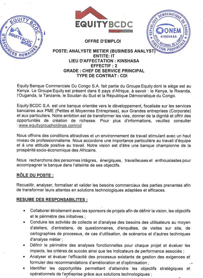 Analyste Métier (Business Analyst) – Equity BCDC S.A. | Kinshasa at Equity BCDC S.A Finance position in Kinshasa – Career ...