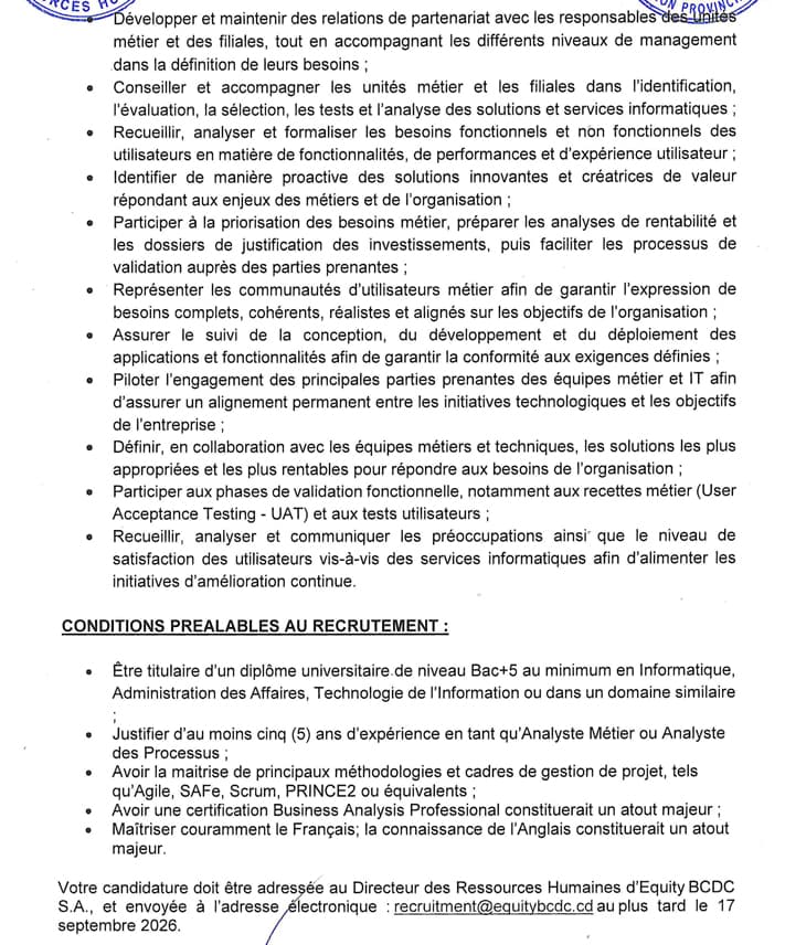 Analyste Métier (Business Analyst) – Equity BCDC S.A. | Kinshasa at Equity BCDC S.A Finance position in Kinshasa – Career ...