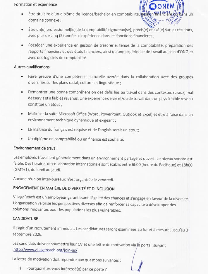 Assistant(e) Finance et Logistique – Kalemie, Goma, Bukavu, Kindu et Bunia at VillageReach ASBL RDC Finance position in Go...