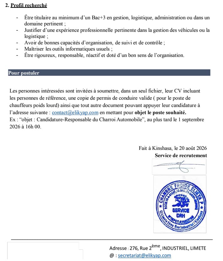 Chauffeurs poids lourd et Responsable du Charroi Automobile à Kinshasa at Chambre Froide Elikya P logistique position in K...