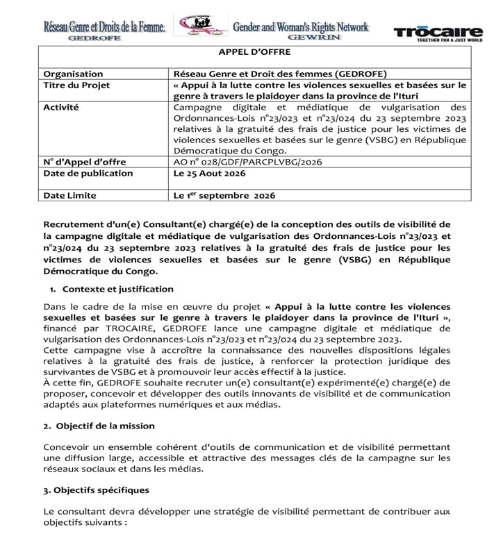 Consultant(e) en outils de visibilité de campagne digitale – Kinshasa at GEDROFE (Réseau Genre et Droit des femmes) commun...