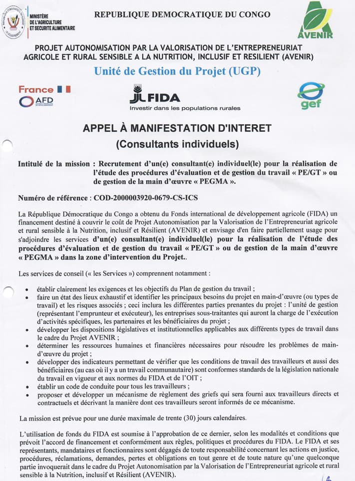 Consultant(e) PE/GT ou PEGMA recherché(e) – Projet AVENIR à Kikwit at Projet AVENIR Management position in Kikwit – Career...