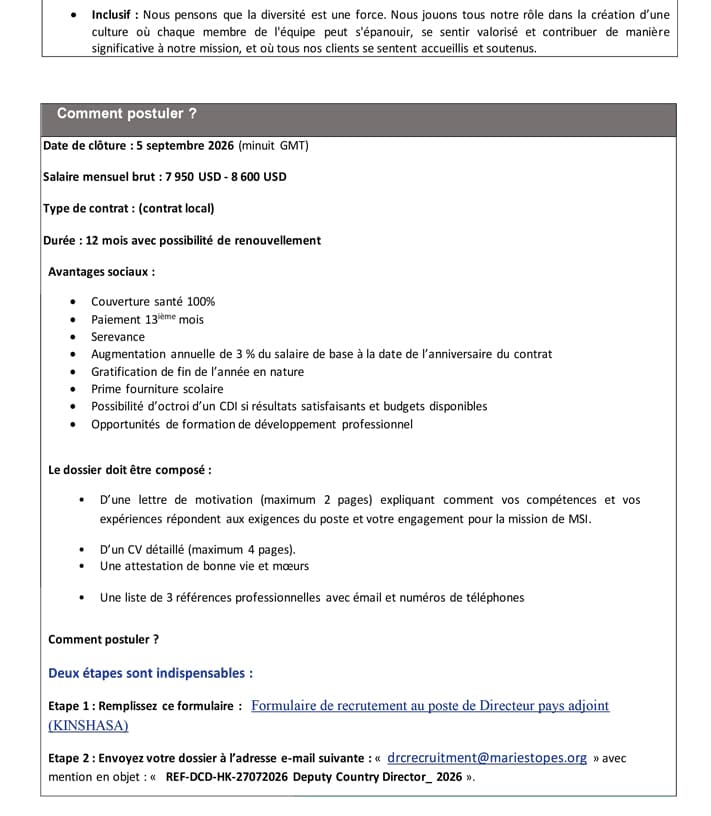 Directeur Pays Adjoint – MSI RD Congo | Kinshasa at MSI RD Congo Management position in Kinshasa – Career opportunity