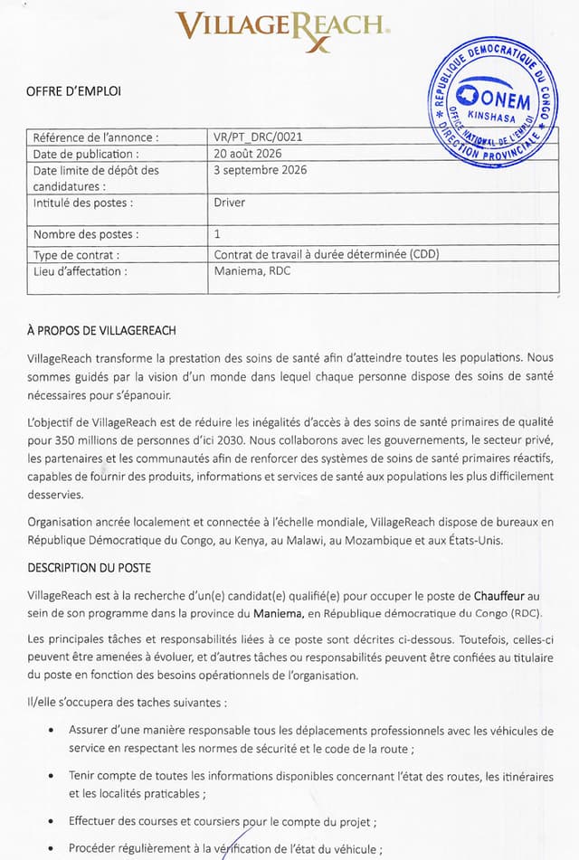 Driver (Chauffeur) – VillageReach au Maniema