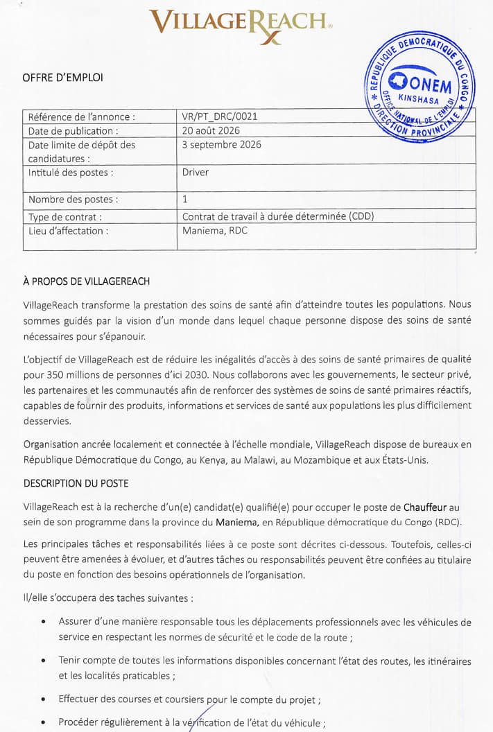 Driver (Chauffeur) – VillageReach au Maniema at VillageReach ASBL RDC logistique position in Autre – Career opportunity