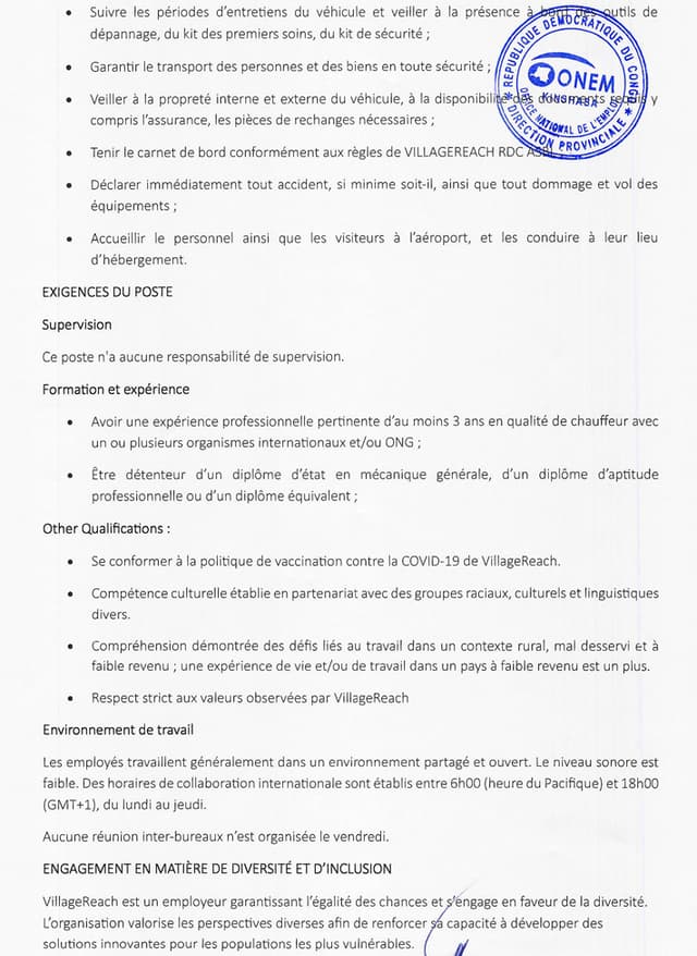 Driver (Chauffeur) – VillageReach au Maniema