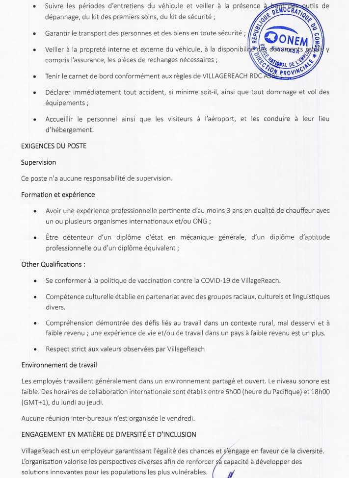 Driver (Chauffeur) – VillageReach au Maniema at VillageReach ASBL RDC logistique position in Autre – Career opportunity