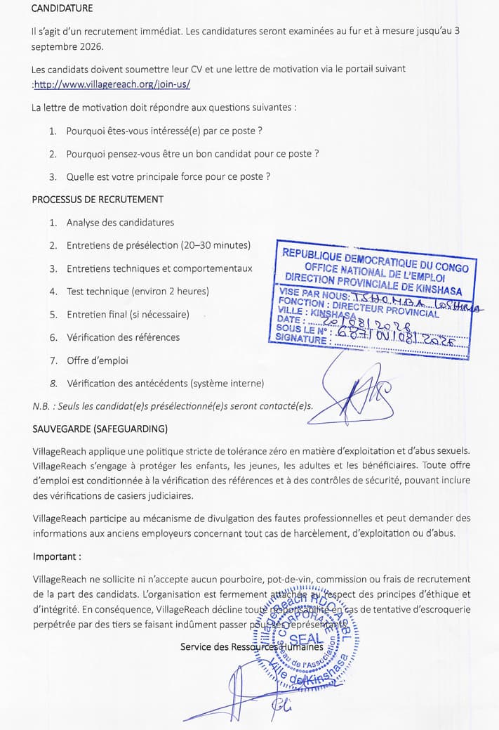 Driver (Chauffeur) – VillageReach au Maniema at VillageReach ASBL RDC logistique position in Autre – Career opportunity