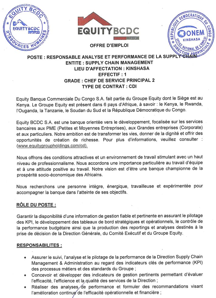 Responsable Analyste & Performance Supply Chain – Kinshasa | Equity BCDC at Equity BCDC S.A logistique position in Kinshas...