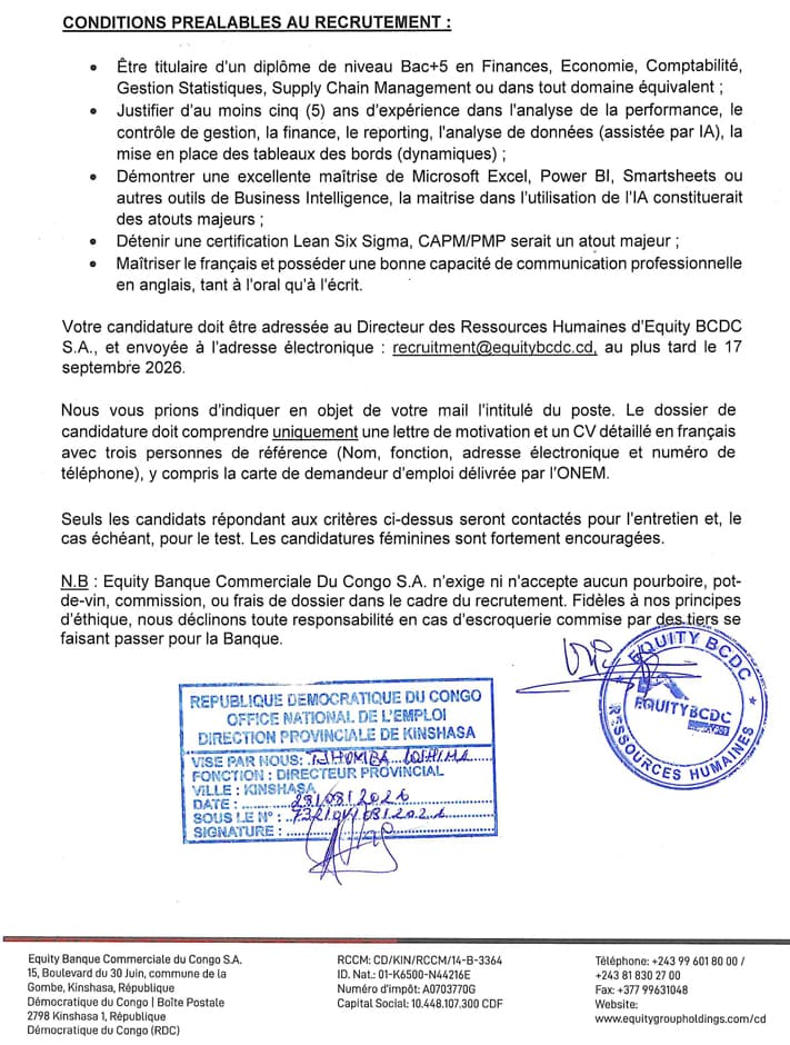 Responsable Analyste & Performance Supply Chain – Kinshasa | Equity BCDC at Equity BCDC S.A logistique position in Kinshas...