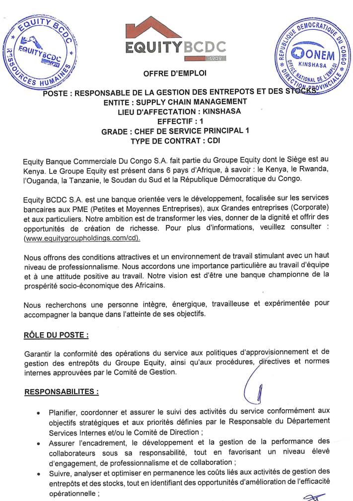Responsable Gestion des Entrepôts et des Stocks – Kinshasa | Equity BCDC at Equity BCDC S.A logistique position in Kinshas...