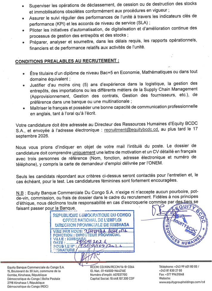 Responsable Gestion des Entrepôts et des Stocks – Kinshasa | Equity BCDC at Equity BCDC S.A logistique position in Kinshas...