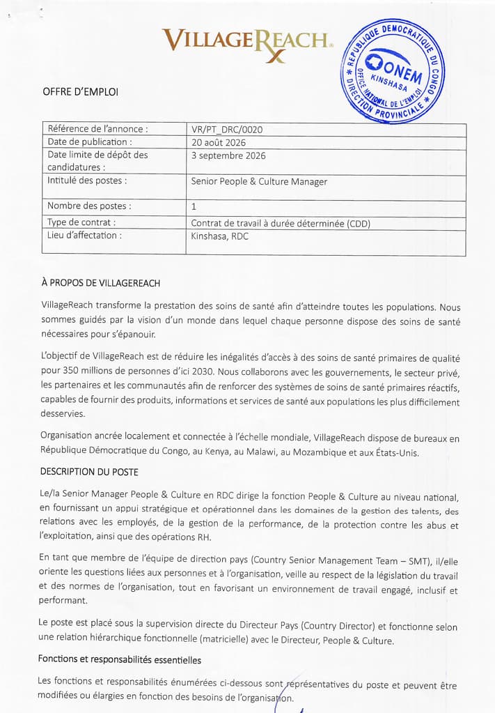 Senior People & Culture Manager – Kinshasa | VillageReach RDC at VillageReach ASBL RDC hr position in Kinshasa – Career op...