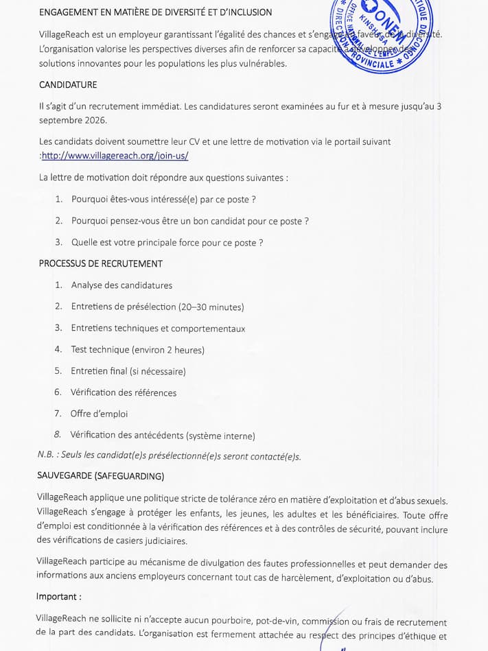 Senior People & Culture Manager – Kinshasa | VillageReach RDC at VillageReach ASBL RDC hr position in Kinshasa – Career op...
