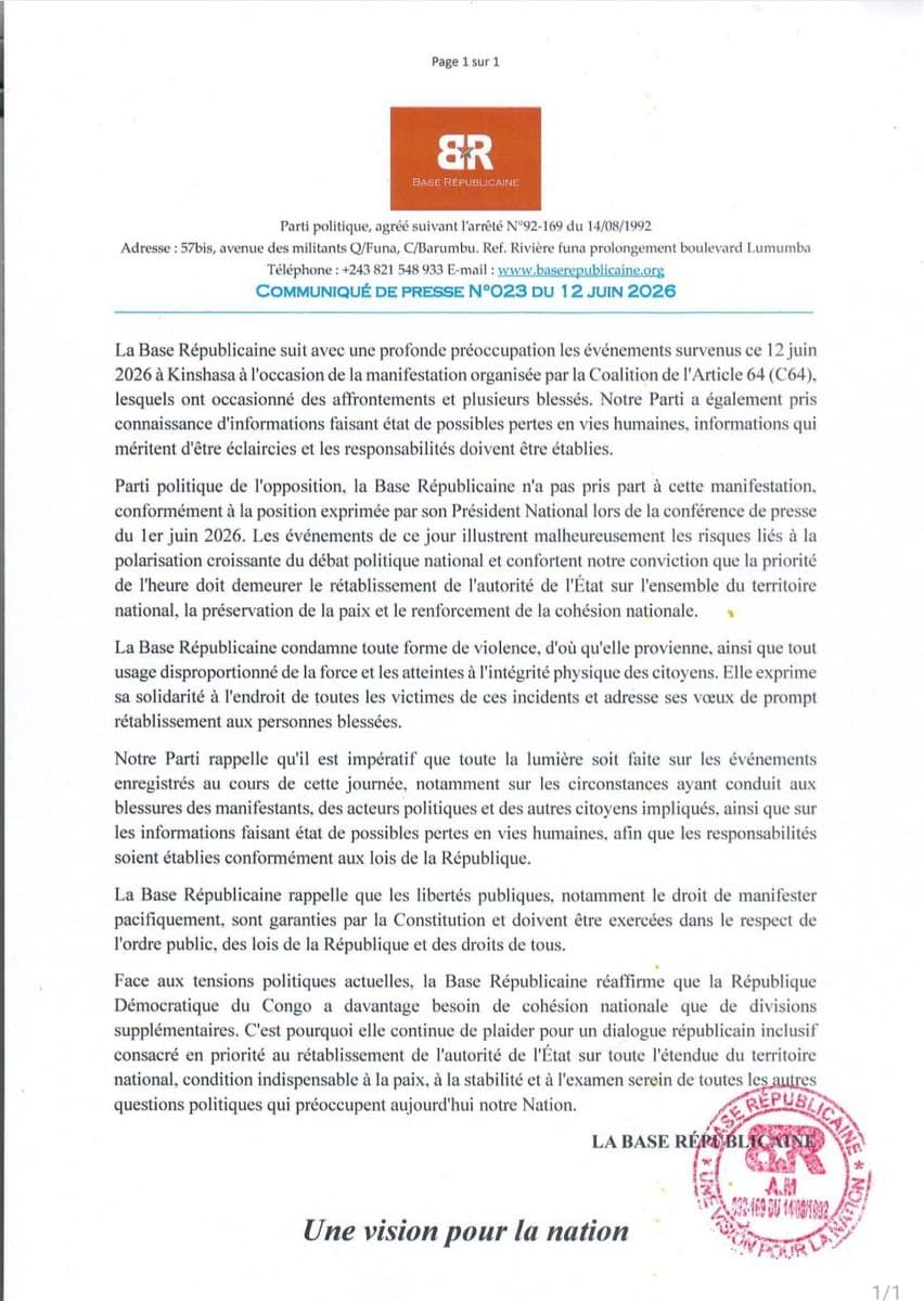 La Base républicaine condamne les violences lors du sit-in de la C64 et exige une enquête article de nouvelles politics – ...